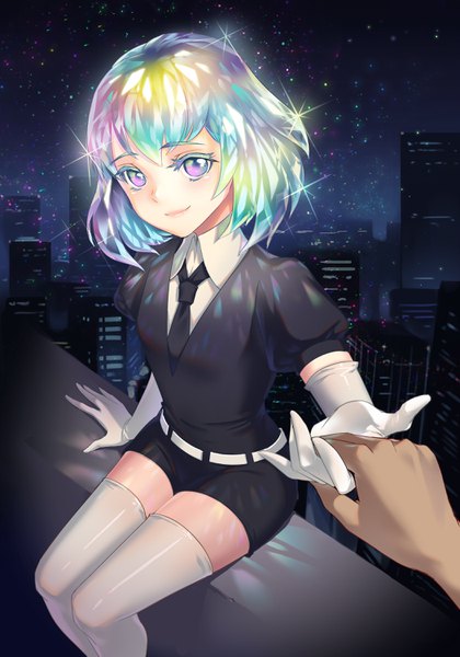 Anime picture 2100x3000 with houseki no kuni diamond (houseki no kuni) guozi li tall image looking at viewer blush fringe highres short hair smile sitting purple eyes multicolored hair night sparkle short sleeves night sky city holding hands solo focus