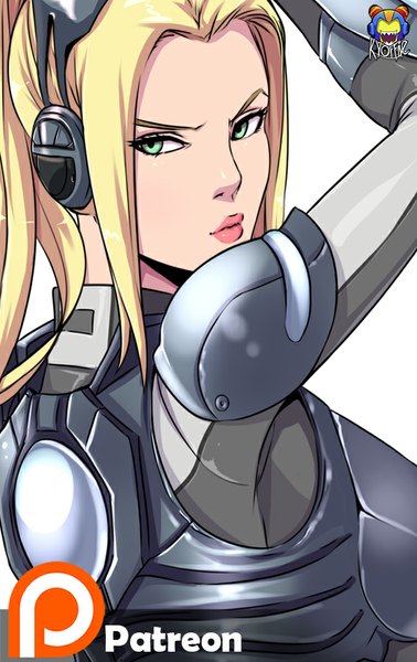 Anime picture 567x900 with starcraft blizzard entertainment nova (starcraft) kyoffie12 single long hair tall image simple background blonde hair white background green eyes looking back lips girl headphones suit