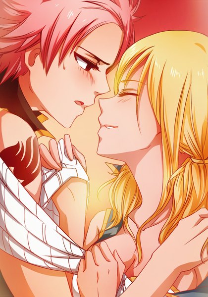 Anime picture 700x1000 with fairy tail lucy heartfilia natsu dragneel kristallin-f (artist) long hair tall image blush short hair open mouth blonde hair smile pink hair eyes closed profile black eyes tattoo sleeveless couple face to face almost kiss