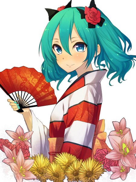 Anime picture 945x1260 with vocaloid hatsune miku ytk (yutta-p) single tall image blush blue eyes simple background smile hair between eyes white background twintails looking away nail polish traditional clothes japanese clothes aqua hair alternate hairstyle alternate hair length aqua nail polish