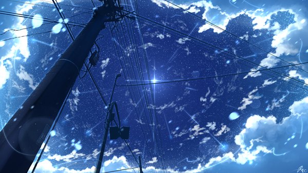 Anime picture 2204x1240 with original rune xiao highres wide image signed sky cloud (clouds) outdoors no people scenic star (stars) power lines pole