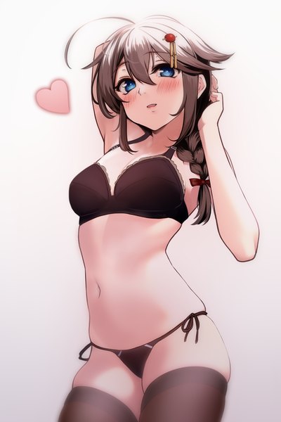 Anime picture 1024x1536 with kantai collection shigure destroyer nuka (nvkka) single long hair tall image looking at viewer blush fringe open mouth blue eyes light erotic simple background hair between eyes brown hair white background ahoge braid (braids) underwear only gradient background