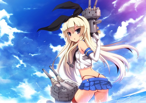 Anime picture 1800x1275 with kantai collection shimakaze destroyer rensouhou-chan uiu single long hair looking at viewer blush highres light erotic blonde hair sky cloud (clouds) looking back from behind black eyes :o girl thighhighs skirt