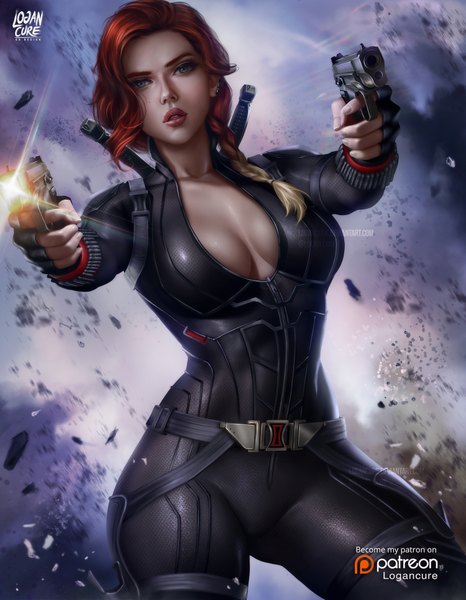 イラスト 1500x1929 と marvel comics black widow logan cure ソロ 長髪 長身像 カメラ目線 前髪 おっぱい light erotic 大きな乳房 立つ holding 緑の目 signed cleavage 赤髪 三つ編み parted lips lips