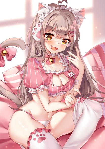 Anime picture 884x1250 with virtual youtuber indie virtual youtuber myu (vtuber) squchan single long hair tall image looking at viewer blush fringe breasts open mouth light erotic smile brown hair large breasts sitting signed animal ears yellow eyes