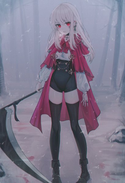Anime picture 4089x6000 with original domi (hyaku8795) single long hair tall image looking at viewer fringe highres hair between eyes red eyes standing holding absurdres full body outdoors white hair long sleeves zettai ryouiki piercing facial mark