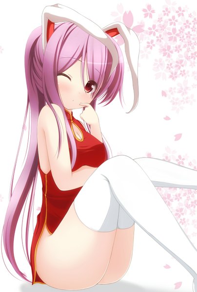 Anime picture 1058x1570 with touhou reisen udongein inaba chimunge single long hair tall image blush light erotic red eyes sitting purple hair one eye closed wink bunny ears finger to mouth bunny girl chinese clothes girl thighhighs petals