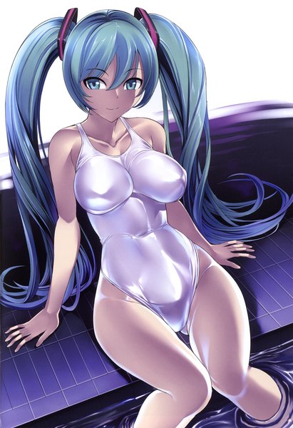 Anime picture 4134x6030 with vocaloid hatsune miku hakaba (dairiseki) single long hair tall image highres breasts light erotic smile large breasts twintails absurdres aqua eyes aqua hair girl swimsuit one-piece swimsuit
