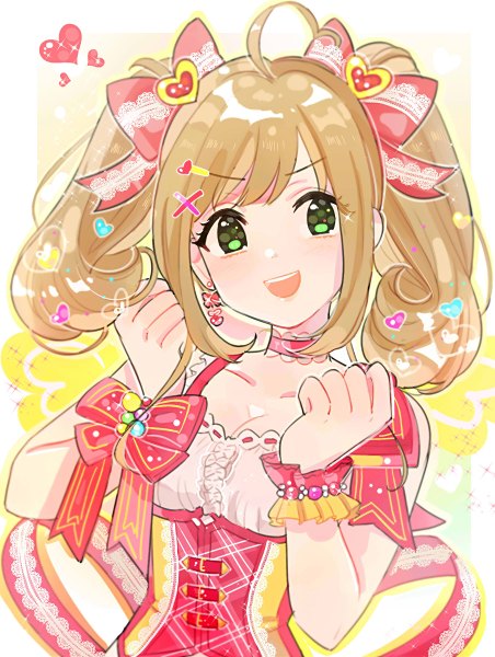 Anime picture 1808x2400 with idolmaster idolmaster cinderella girls idolmaster cinderella girls starlight stage satou shin tomato omurice melon single tall image looking at viewer highres short hair open mouth brown hair twintails green eyes cleavage upper body ahoge short twintails heart to heart girl