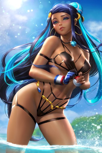 Anime picture 2400x3597 with pokemon pokemon (game) pokemon swsh nintendo nessa (pokemon) nudtawut thongmai single long hair tall image looking at viewer blush highres breasts light erotic large breasts standing signed payot sky purple hair