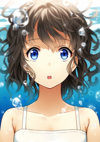 Anime picture 1074x1517 with original mogumo single tall image looking at viewer short hair open mouth blue eyes brown hair cleavage wavy hair underwater girl water bubble (bubbles)