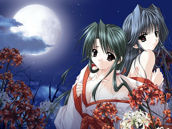 Anime picture 1024x768 with tsuki kagura (game) light erotic black hair multiple girls game cg green hair black eyes girl 2 girls moon higanbana