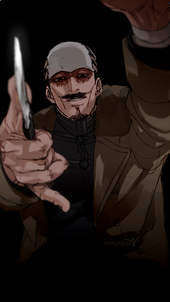 Anime-Bild 900x1600 mit golden kamuy tsurumi tokushirou zifletts single tall image looking at viewer simple background signed parted lips twitter username black background scar military pinky out boy uniform military uniform coat knife beard