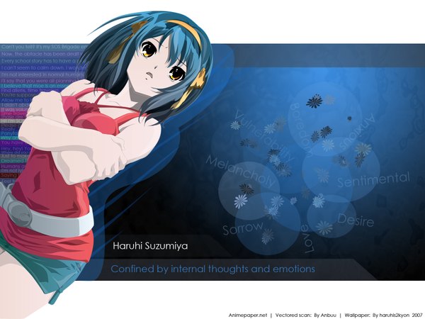 Anime picture 1600x1200 with suzumiya haruhi no yuutsu kyoto animation suzumiya haruhi haruhis2kyon single looking at viewer fringe short hair open mouth hair between eyes signed yellow eyes blue hair character names crossed arms alternate hair color 2007 girl belt hairband