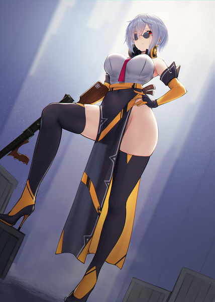 Anime picture 2381x3340 with girls frontline thompson submachine gun (girls frontline) hayabusa single tall image looking at viewer blush fringe highres short hair breasts light erotic hair between eyes red eyes large breasts standing holding silver hair full body from below