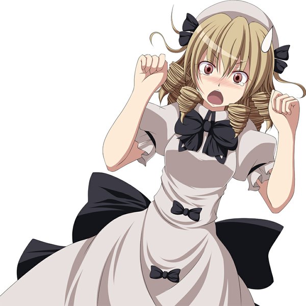 Anime picture 1000x1000 with touhou luna child s-syogo single blush short hair open mouth simple background blonde hair red eyes white background drill hair girl dress bow beret