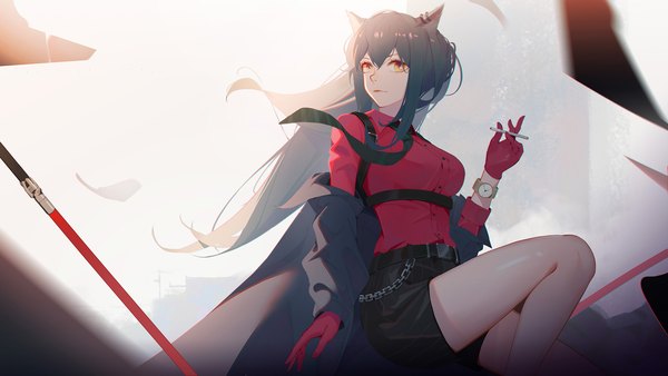Anime picture 1920x1080 with arknights texas (arknights) texas (willpower) (arknights) j fang single long hair fringe highres black hair hair between eyes wide image sitting yellow eyes wind official alternate costume girl gloves shirt necktie shorts