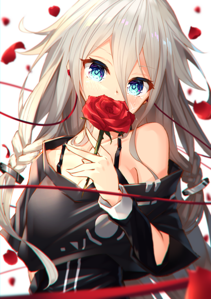 Anime-Bild 752x1062 mit vocaloid ia (vocaloid) habu. single long hair tall image looking at viewer blush fringe breasts blue eyes simple background hair between eyes standing white background holding silver hair upper body braid (braids) head tilt