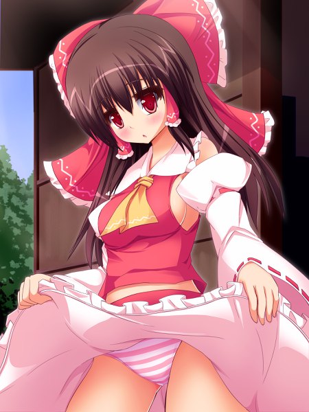 Anime picture 1800x2400 with touhou hakurei reimu liya single long hair tall image blush fringe highres breasts light erotic hair between eyes red eyes brown hair traditional clothes japanese clothes sideboob looking down skirt lift miko