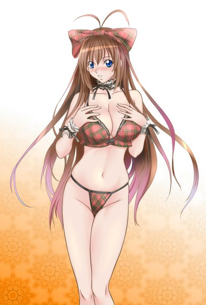 Anime picture 1575x2331 with original suuitchi (artist) single long hair tall image blush blue eyes light erotic brown hair underwear only girl underwear panties bow hair bow