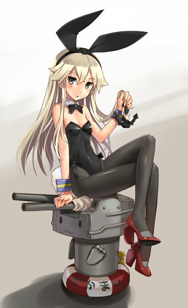 Anime picture 552x900 with kantai collection shimakaze destroyer rensouhou-chan katahira masashi long hair tall image looking at viewer blush light erotic blonde hair sitting bare shoulders tail animal tail high heels crossed legs bunny tail :3 girl hair ornament