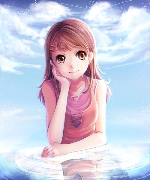 Anime picture 2000x2400 with original avachi single long hair tall image looking at viewer fringe highres smile brown hair bare shoulders brown eyes sky cloud (clouds) upper body arm support sleeveless reflection chin rest cute