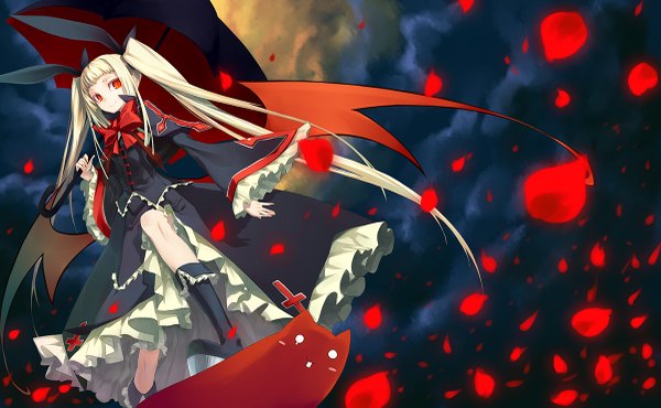 Anime picture 1200x741 with blazblue rachel alucard shingo (missing link) single looking at viewer blonde hair smile red eyes wide image twintails cloud (clouds) very long hair bat wings lolita fashion girl dress ribbon (ribbons) bow hair ribbon animal