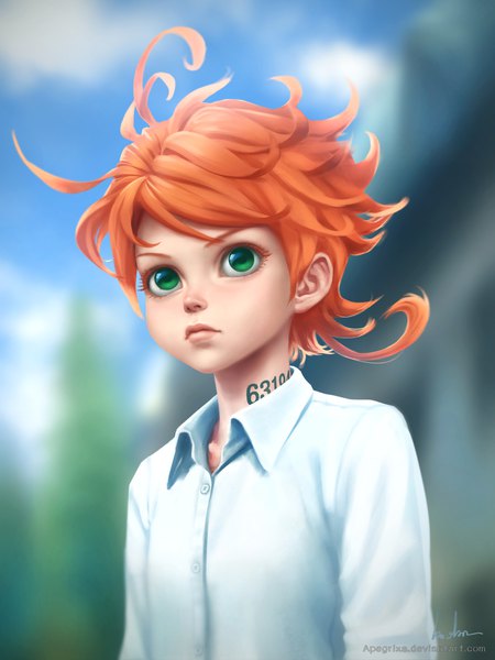 Anime picture 1500x2000 with yakusoku no neverland cloverworks emma (yakusoku no neverland) gohpot single tall image fringe short hair green eyes signed looking away upper body ahoge orange hair realistic tattoo depth of field body writing girl shirt