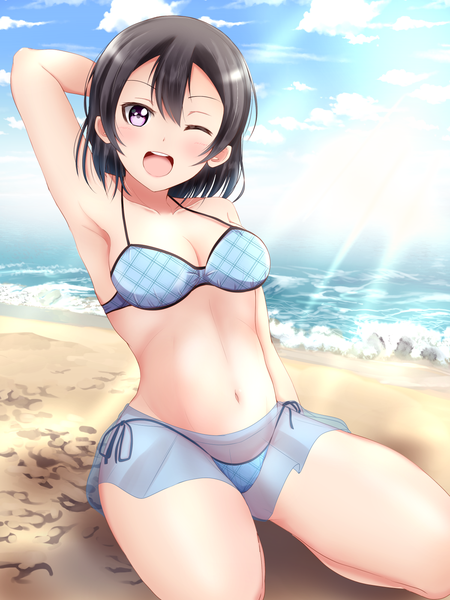 Anime picture 1200x1600 with love live! sunshine!! sunrise (studio) love live! watanabe tsuki kamesys single tall image looking at viewer blush fringe short hair breasts open mouth light erotic black hair smile hair between eyes sitting purple eyes sky