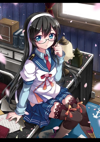 Anime picture 2480x3508 with kantai collection ooyodo light cruiser north abyssor single long hair tall image looking at viewer blush highres blue eyes black hair sitting girl thighhighs skirt black thighhighs petals glasses boots hairband