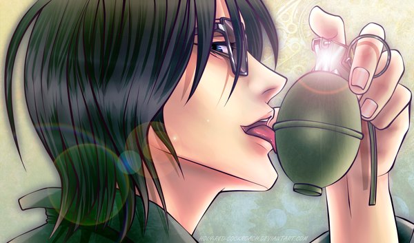 Anime picture 1584x933 with akusaga (manga) holy-red-cockroach single short hair blue eyes black hair wide image profile light close-up face boy weapon glasses tongue grenade