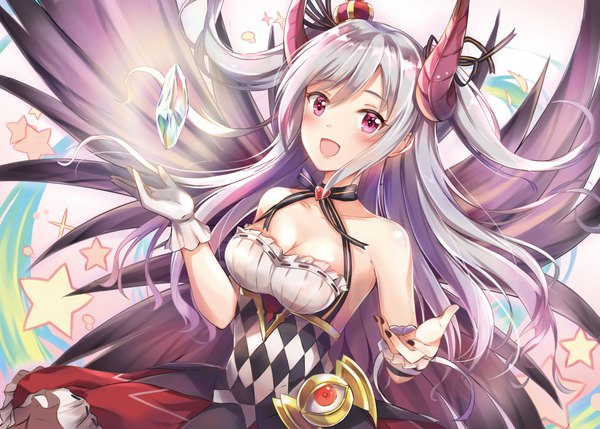 Anime picture 1000x715 with idolmaster idolmaster cinderella girls granblue fantasy kanzaki ranko konka single long hair looking at viewer open mouth twintails payot silver hair upper body nail polish pink eyes horn (horns) shiny skin floating hair outstretched arm happy