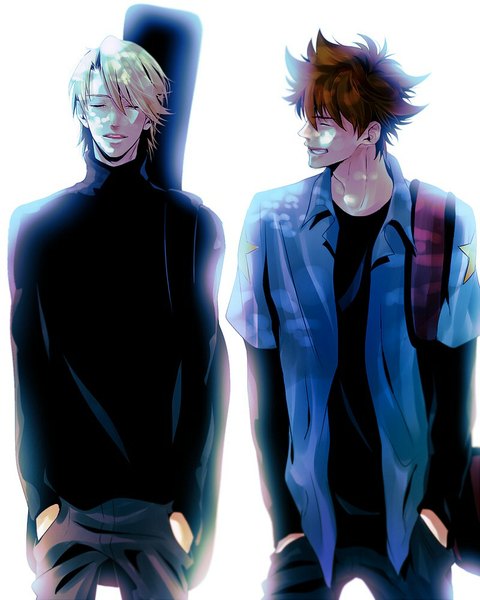 Anime picture 800x1000 with digimon digimon adventure yagami taichi ishida yamato um-mmma tall image fringe short hair blonde hair simple background smile brown hair white background eyes closed sunlight open clothes multiple boys shadow open shirt hands in pockets