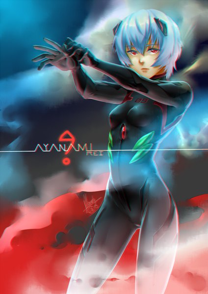Anime picture 626x885 with neon genesis evangelion rebuild of evangelion evangelion: 3.0 you can (not) redo gainax ayanami rei baka mandy single tall image looking at viewer fringe short hair breasts hair between eyes red eyes standing signed blue hair depth of field character names outstretched arm