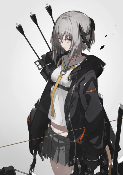 Anime picture 1060x1500 with original yucca-612 (neco) single tall image looking at viewer blush fringe short hair breasts simple background hair between eyes standing holding yellow eyes payot parted lips pleated skirt grey hair grey background open jacket