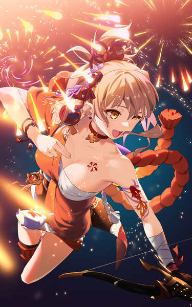 Anime picture 1200x1920 with genshin impact yoimiya (genshin impact) shikaemon single tall image blush fringe short hair breasts open mouth light erotic blonde hair smile hair between eyes large breasts bare shoulders holding yellow eyes payot cleavage