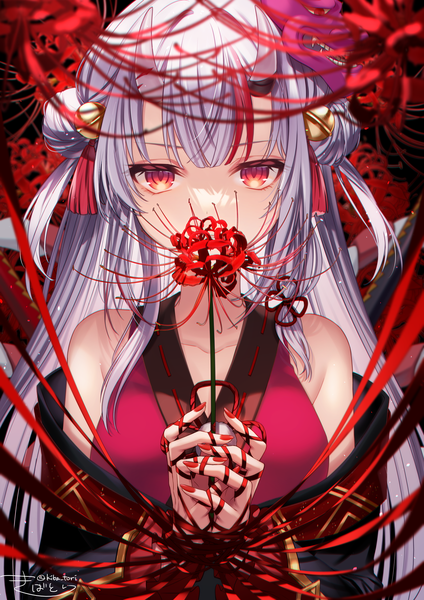 Anime picture 1415x2000 with virtual youtuber hololive nakiri ayame nakiri ayame (1st costume) kiba tori single long hair tall image looking at viewer fringe breasts red eyes standing bare shoulders holding signed upper body white hair blunt bangs nail polish