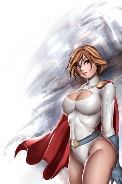 Anime picture 861x1300 with dc comics power girl single tall image short hair breasts blue eyes light erotic simple background blonde hair large breasts white background looking away cleavage grey background superhero girl gloves uniform swimsuit