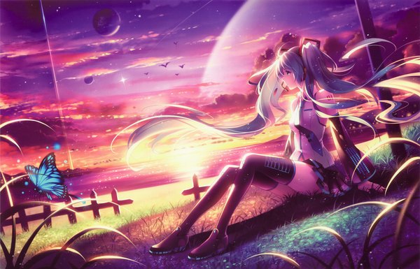 Anime picture 3762x2416 with vocaloid hatsune miku tidsean single highres sitting twintails looking away absurdres sky cloud (clouds) very long hair aqua eyes wind scan aqua hair tattoo zettai ryouiki evening sunset