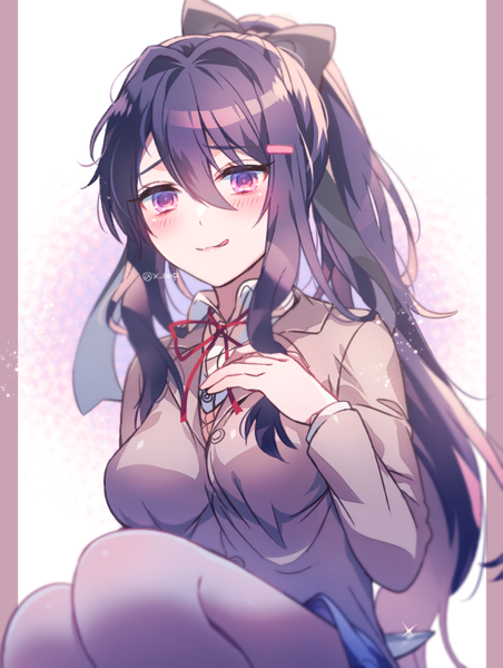 Anime picture 678x900 with doki doki literature club yuri (doki doki literature club) aicedrop single long hair tall image looking at viewer blush fringe simple background smile hair between eyes sitting purple eyes signed payot purple hair bent knee (knees) ponytail long sleeves