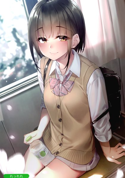 Anime picture 2076x2958 with melonbooks waterdog single tall image looking at viewer blush highres short hair black hair smile sitting signed yellow eyes scan girl skirt uniform school uniform miniskirt shirt