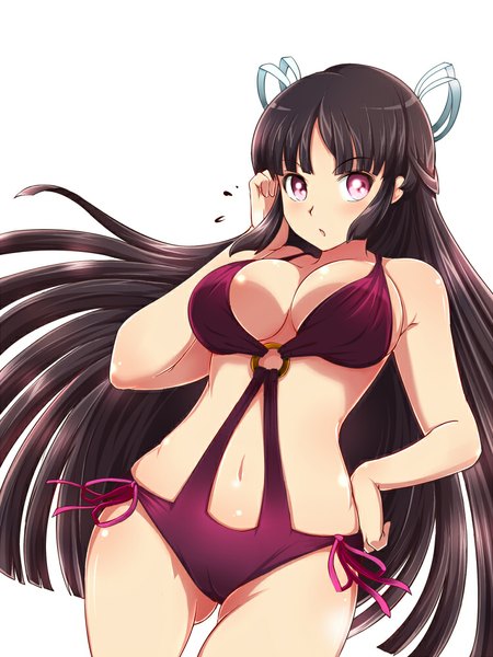 Anime picture 750x1000 with kantai collection hiyou light aircraft carrier makumaxu single long hair tall image breasts light erotic black hair simple background large breasts white background pink eyes :o hand on hip adjusting hair ass visible through thighs girl navel ribbon (ribbons)