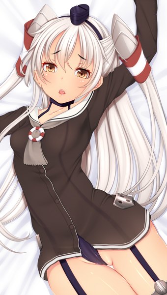 Anime picture 680x1200 with kantai collection amatsukaze destroyer kiyomin single long hair tall image looking at viewer blush open mouth light erotic brown eyes white hair two side up girl hat garter straps hair tubes mini hat mini top hat