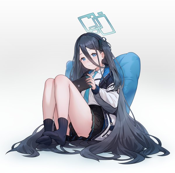 Anime picture 3000x2965 with blue archive nintendo aris (blue archive) radjeong single fringe highres blue eyes light erotic black hair simple background smile hair between eyes white background full body very long hair pleated skirt open jacket no shoes one side up
