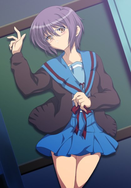 Anime picture 1024x1467 with suzumiya haruhi no yuutsu kyoto animation nagato yuki ka2 (artist) single tall image short hair yellow eyes purple hair girl glasses serafuku