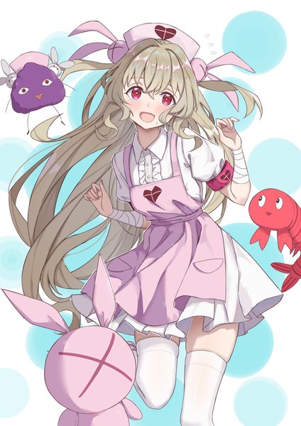 Anime picture 2894x4093 with virtual youtuber sana channel natori sana tamago (eva1314056) single long hair tall image fringe highres open mouth blonde hair hair between eyes red eyes standing looking away :d two side up standing on one leg nurse flying sweatdrops