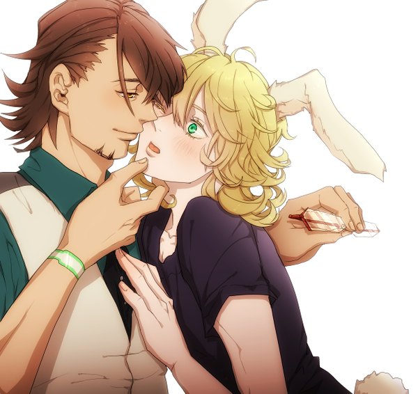 Anime picture 1218x1149 with tiger & bunny sunrise (studio) kaburagi t. kotetsu barnaby brooks jr. tsubaki ya (artist) blush short hair simple background blonde hair brown hair white background green eyes yellow eyes one eye closed wink multiple boys bunny ears couple hug dark skin