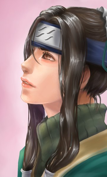 Anime picture 1200x1987 with naruto studio pierrot naruto (series) haku (naruto) marimari999 single long hair tall image fringe black hair simple background hair between eyes brown eyes parted lips profile realistic portrait looking up pink background boy