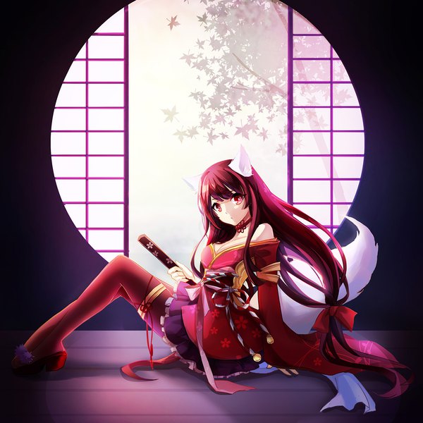 Anime picture 1181x1181 with original miya (zawarudo) single long hair looking at viewer fringe red eyes sitting bare shoulders holding animal ears cleavage full body bent knee (knees) red hair tail traditional clothes japanese clothes animal tail cat ears