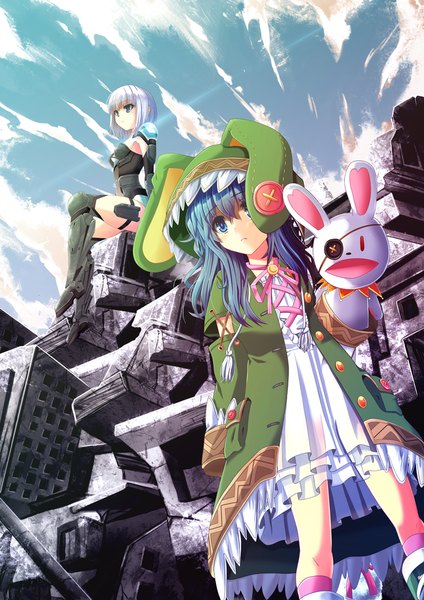 Anime picture 744x1052 with date a live tobiichi origami yoshino (date a live) yoshinon windfeathers long hair tall image short hair blue eyes multiple girls blue hair sky silver hair cloud (clouds) loli girl dress 2 girls hood toy